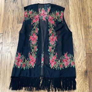 Petticoat Alley black vest with rose design and fringe size L
